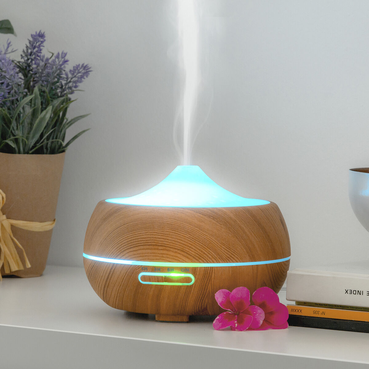 Duftdiffusor und Luftbefeuchter mit mehrfarbigem LED-Holzeffekt